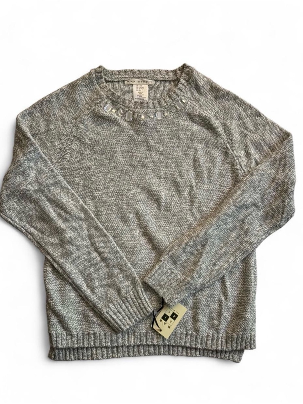 NWT Max Studio Girls Heather Gray Sweater with Decorative Neck Embellishment